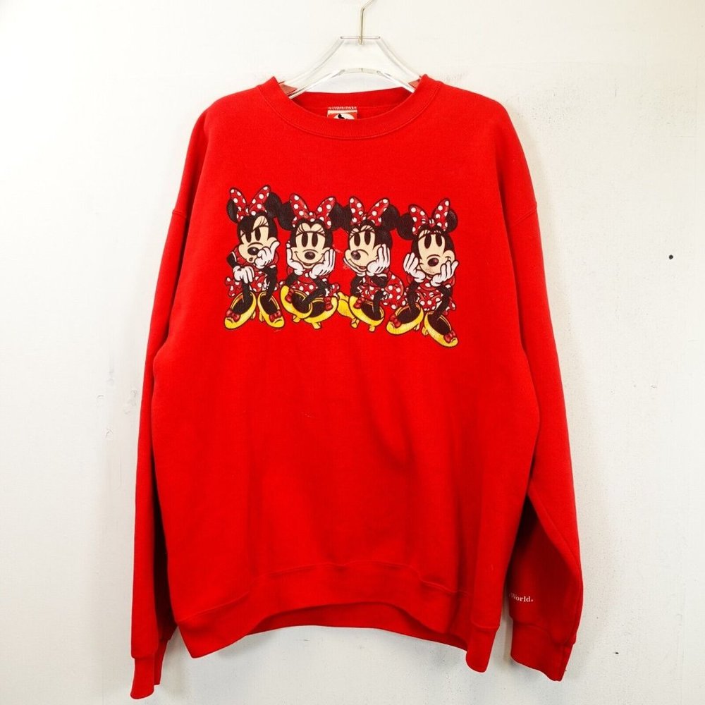 VINTAGE DISNEY MICKEY Women's Red Sweater 2X XXL Oversized Stretch Crewneck - Picture 1 of 12